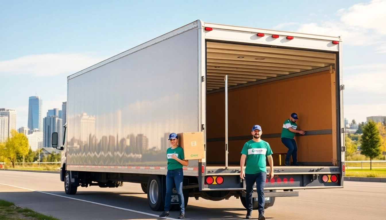 Professional Calgary movers loading a truck efficiently, showcasing Apex Moving Company in Calgary with friendly staff and city backdrop.