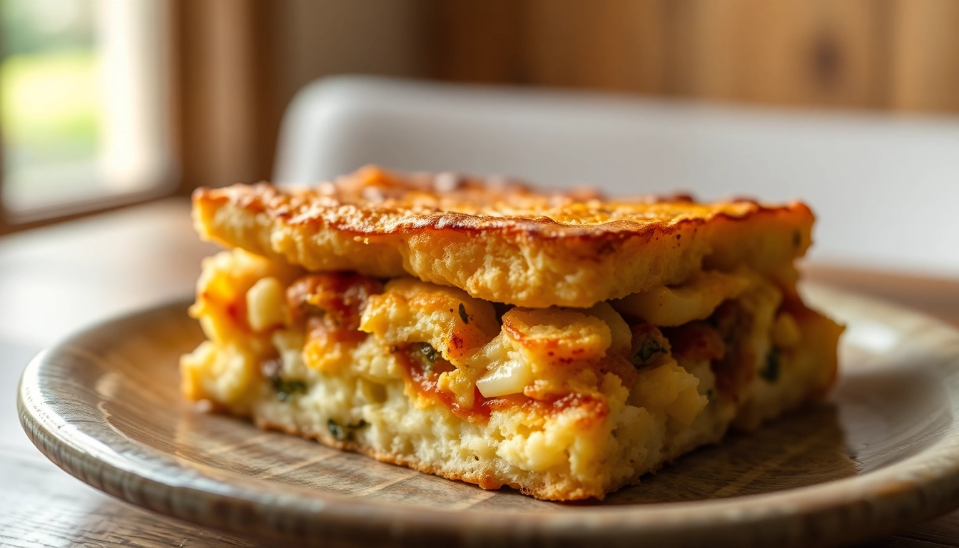 Delicious small size strata being sliced, showcasing layered bread and cheese, perfect for intimate breakfast or brunch gatherings, inviting and flavorful presentation.