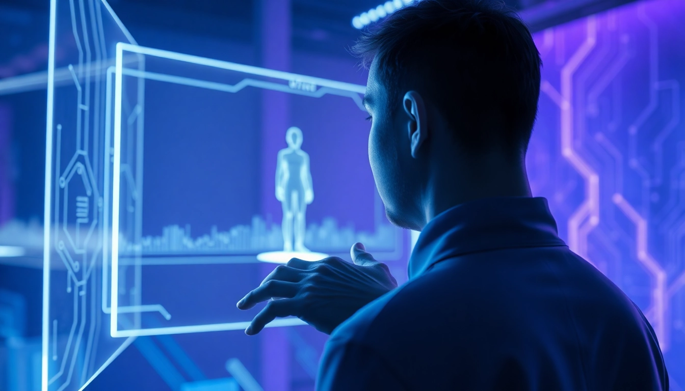 Futuristic AI interface with user interacting in a dimly lit tech environment with holographic displays.