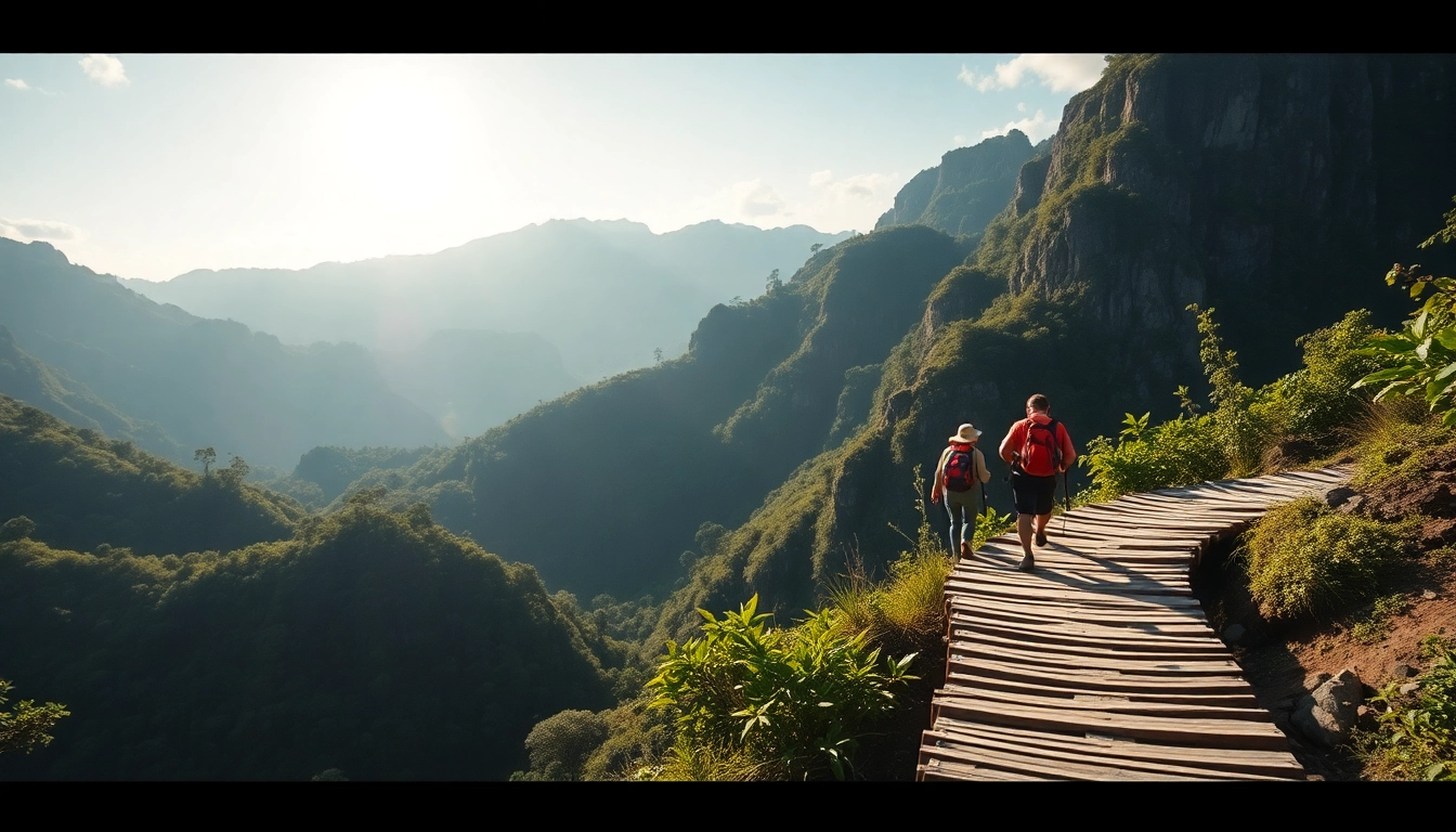 Trekking in Indonesia: Enthusiastic hikers traverse rugged terrain amid lush green scenery, capturing the spirit of outdoor adventure.