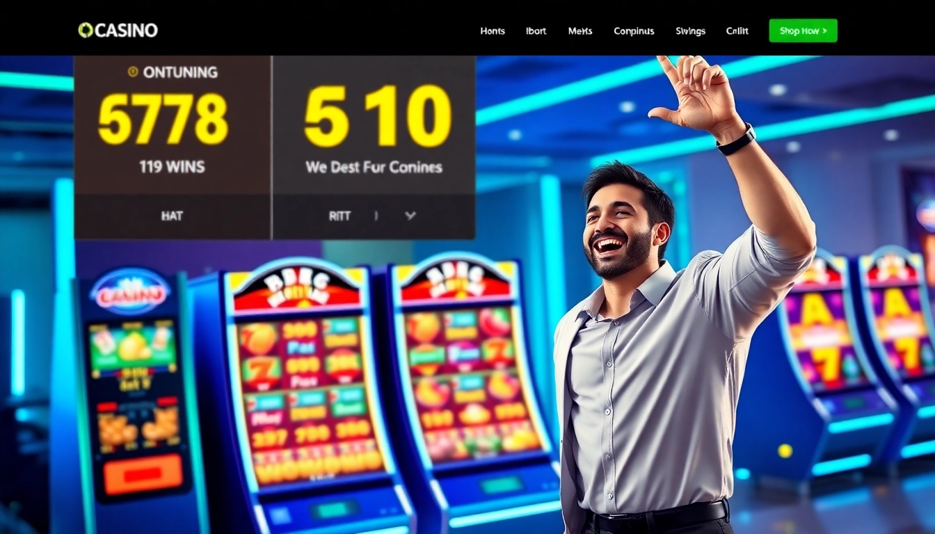 men toto - Action-packed slot gaming scene with a winning player and colorful slot machines, emphasizing trust and high jackpots.