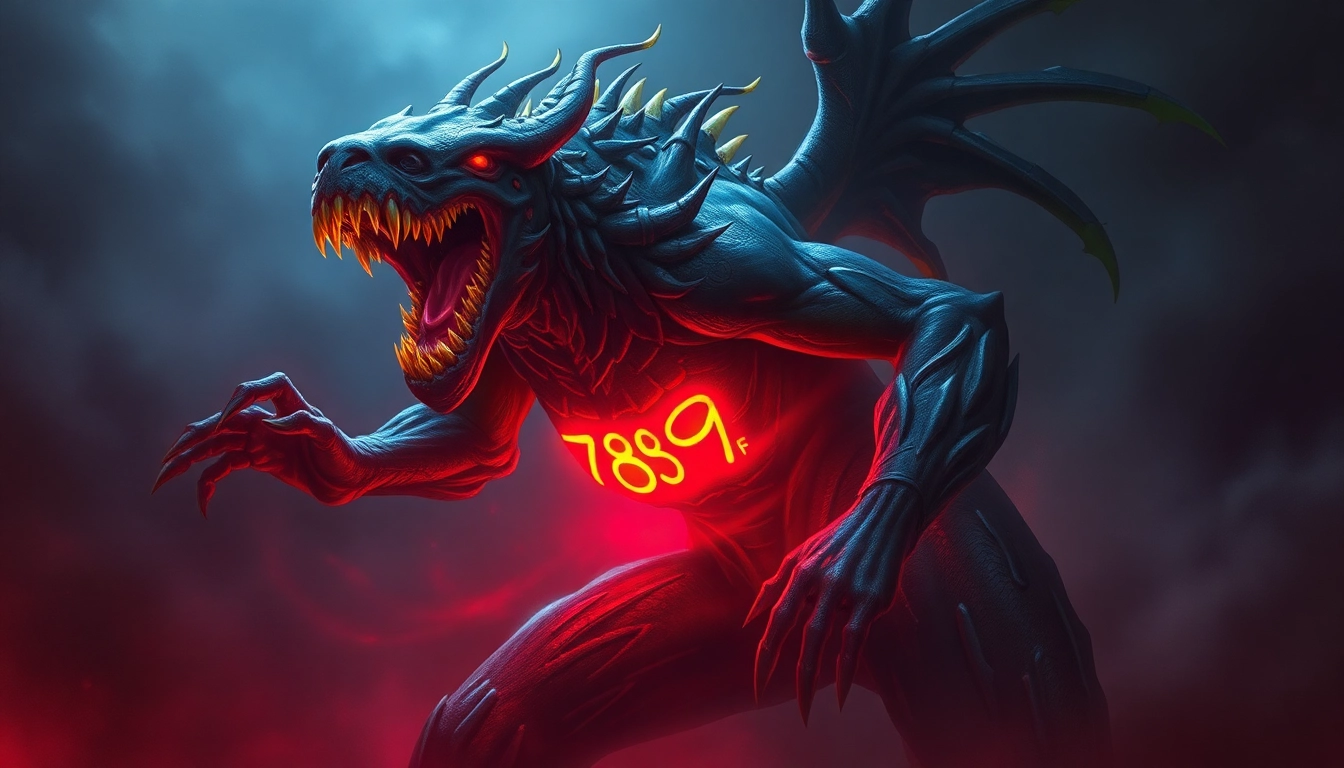 Dynamic rendering of 789f.monster showcasing its unique features in a dark, atmospheric setting to attract fans and gamers.
