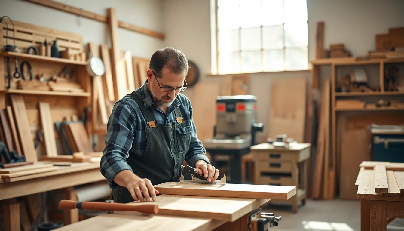 Carpenter skillfully measuring wood in a bright, organized workshop with precision tools and warm wooden textures.