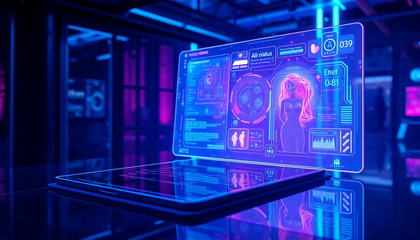 Futuristic AI interface with virtual characters and glowing data streams in a cyberpunk setting.