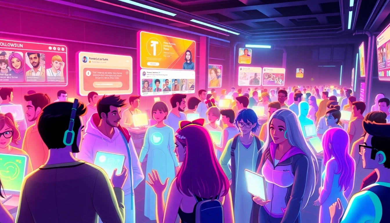 An animated digital scene of avatars interacting in a futuristic social media environment, colorful and energetic.