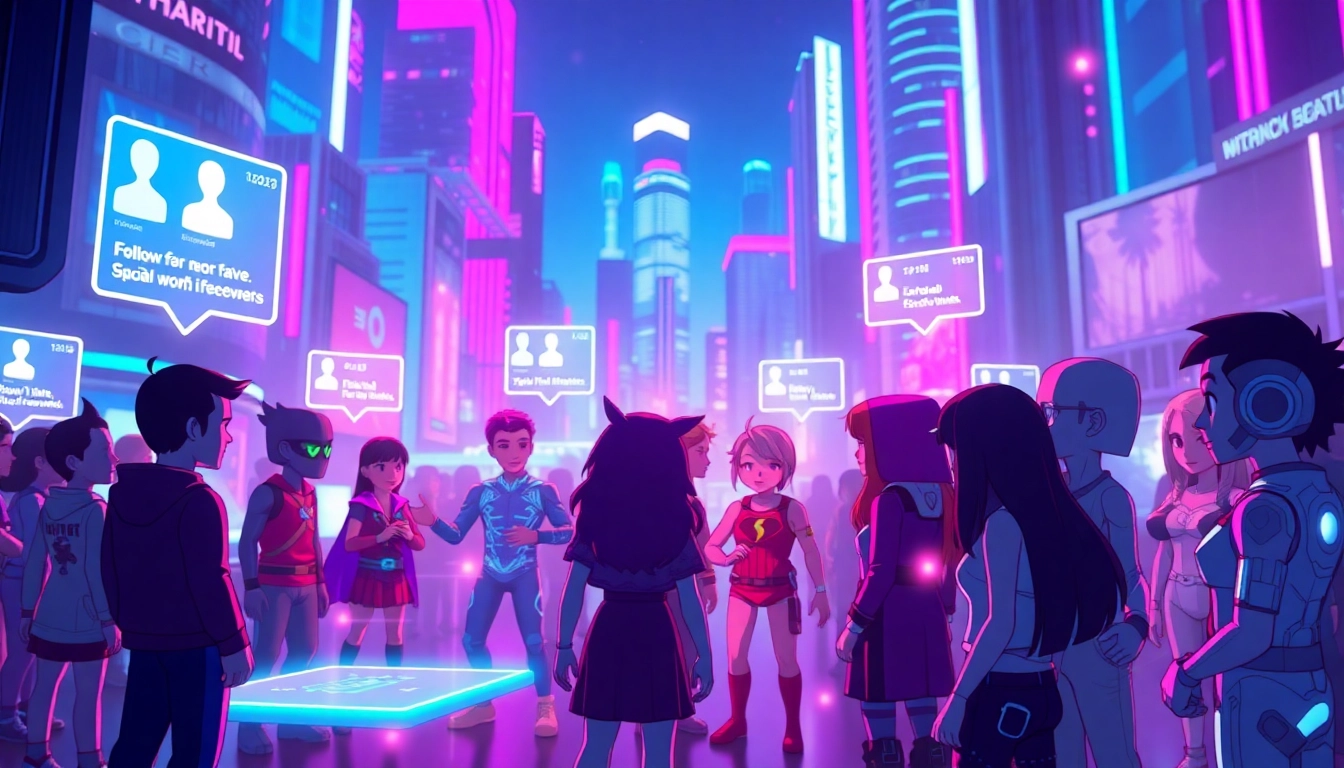Futuristic virtual social media scene with avatars and holographic interfaces in a neon-lit cityscape.