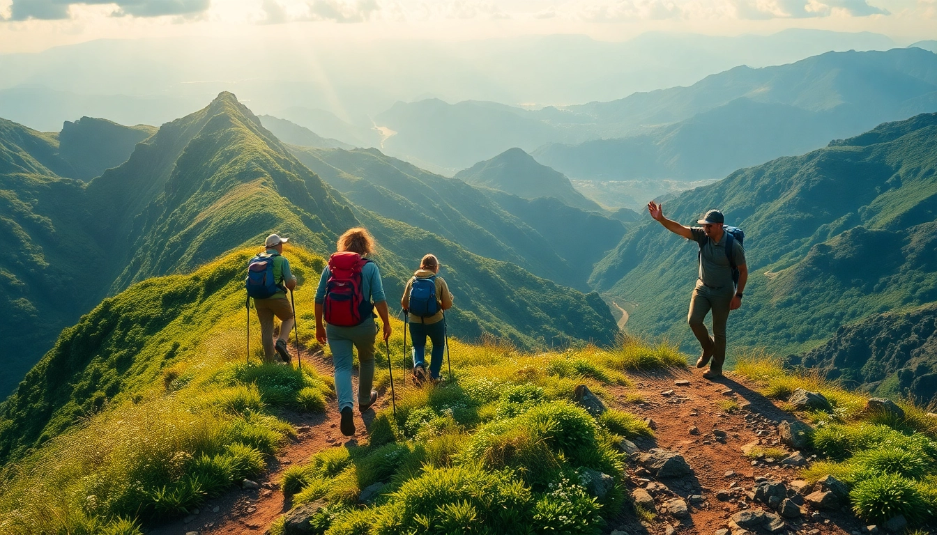 Guided trek through a scenic mountain landscape with a guide leading hikers along a forest trail in vibrant natural surroundings.