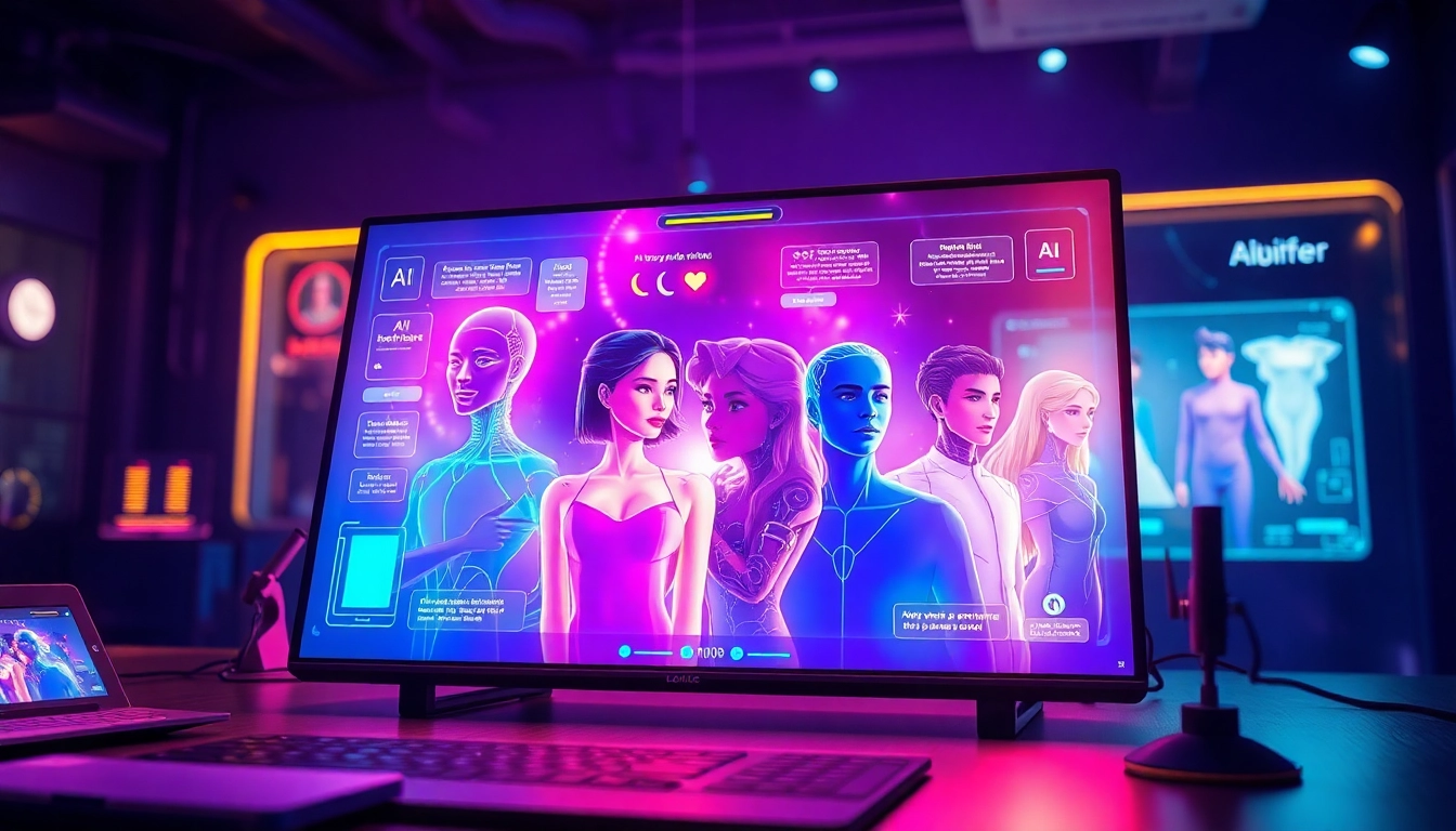 Futuristic AI interface displaying diverse, expressive digital characters on holographic screens in a high-tech workspace.