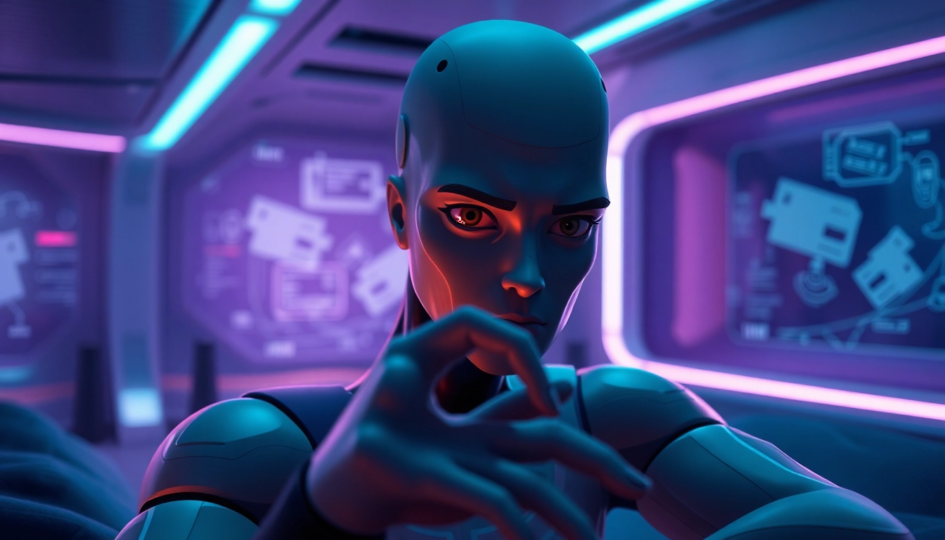 Futuristic AI character in a moody, digital environment with holographic elements and detailed textures.