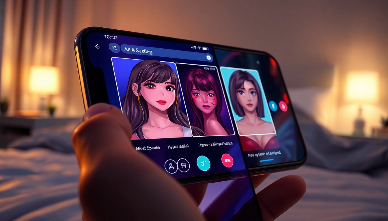 Close-up of a smartphone screen displaying a customizable AI sexting app interface in a dimly lit bedroom.