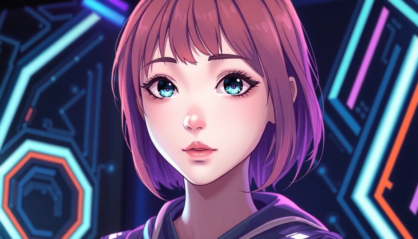Futuristic AI companion interface with a customizable anime-inspired avatar on a high-tech screen.