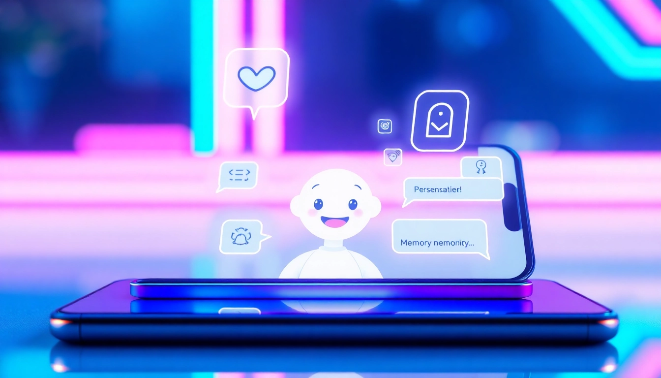 Futuristic smartphone displaying an AI chat interface with a friendly AI character in a neon-lit cyberpunk environment.
