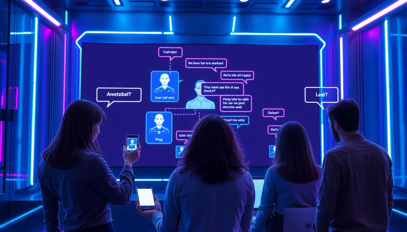 Futuristic scene of users interacting with AI chatbots on digital devices with neon accents and holographic speech bubbles.