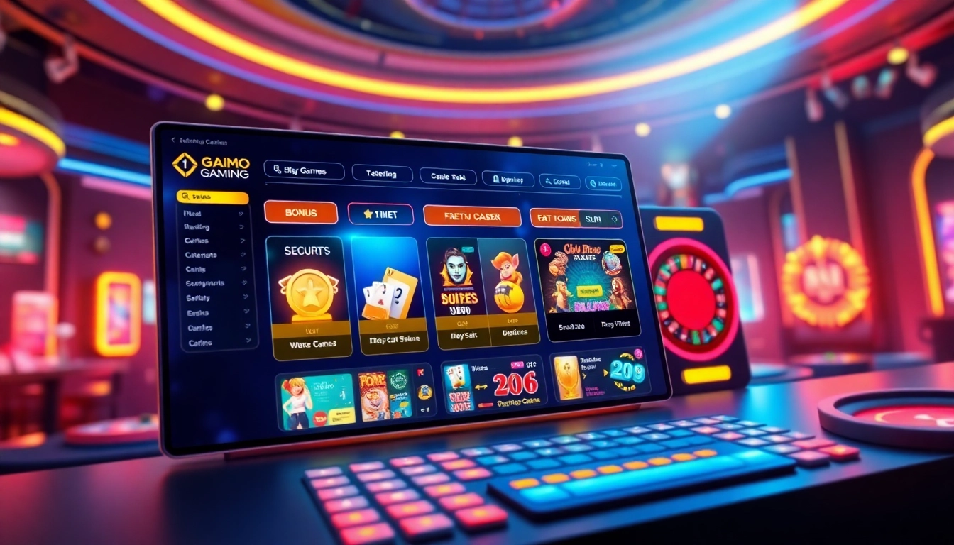An illustration of an engaging online gaming platform interface with vibrant colors and futuristic design elements.