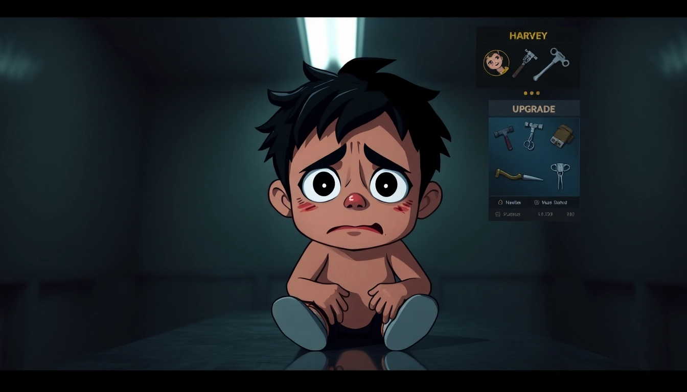 A distressed Harvey in a dimly lit room, showing pain and fear, with a shop interface of violent tools nearby, evoking psychological horror.