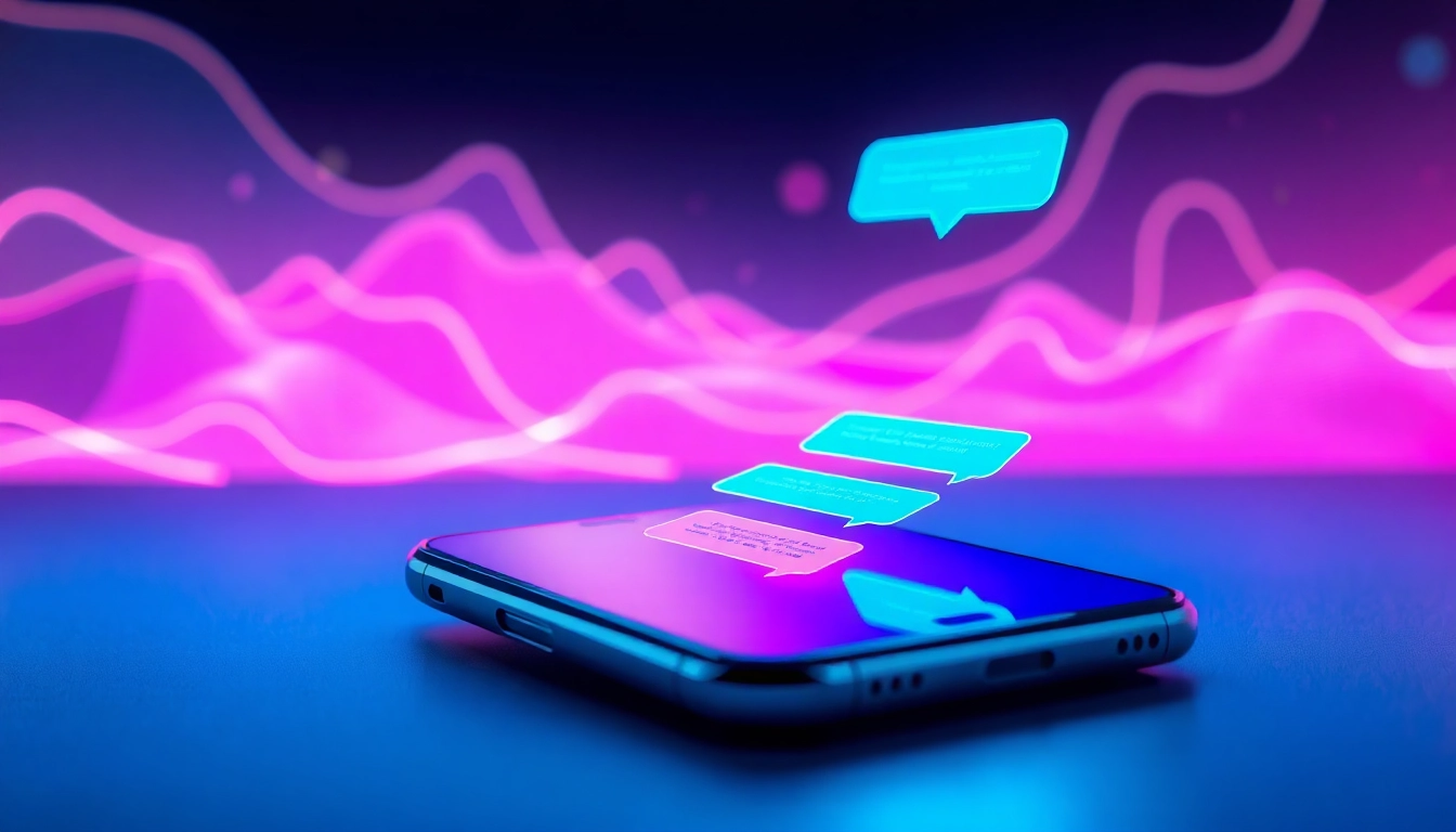 Futuristic smartphone displaying colorful chat interface with AI characters and glowing digital background