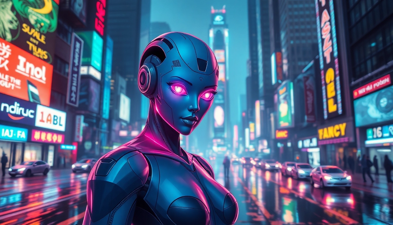 Futuristic cyberpunk scene featuring an alluring AI character in a neon-lit cityscape at night.
