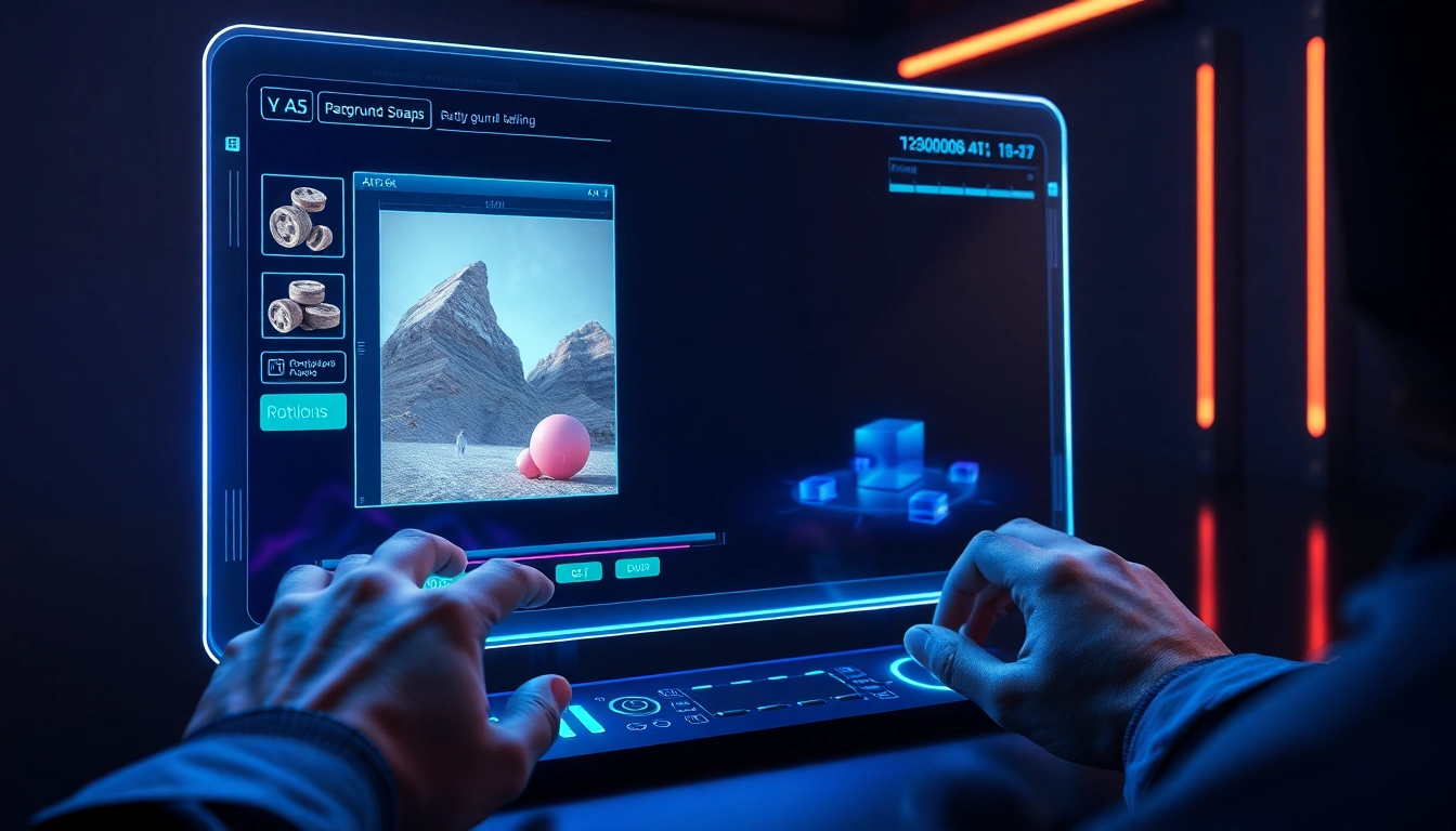 Futuristic AI interface showcasing advanced image editing capabilities with holographic controls and vibrant colors.