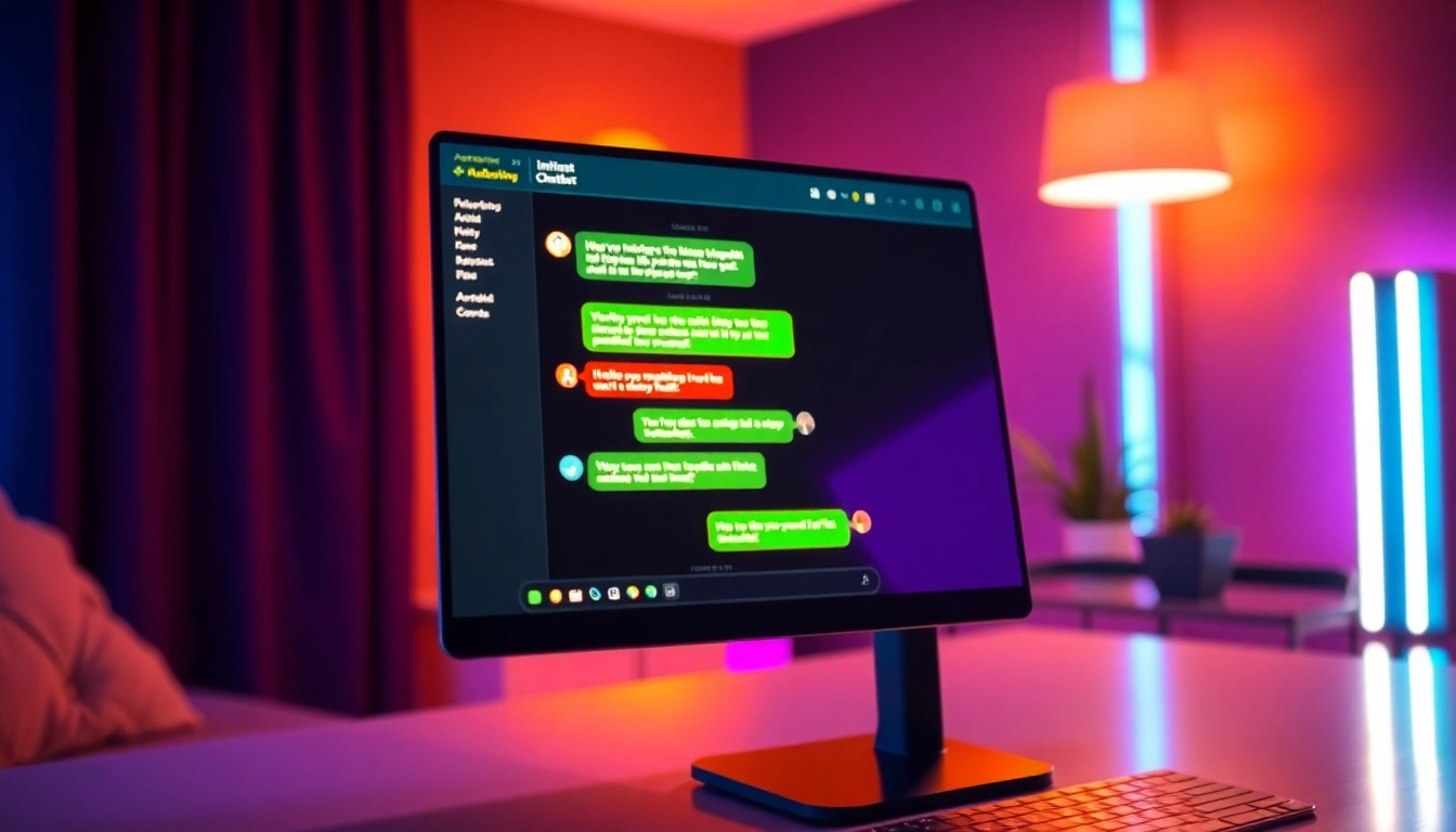 Close-up of a digital chat interface with glowing text bubbles on a modern computer screen, set in a stylish, softly lit room with neon accents.