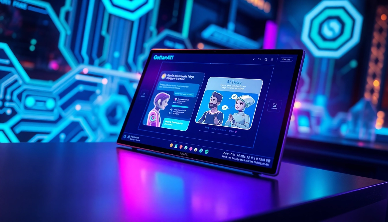 Futuristic digital chat interface with AI characters engaging in conversation on a high-tech screen.