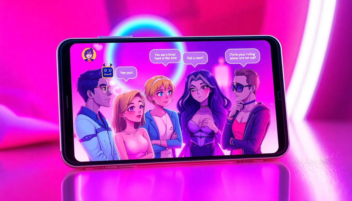 Illustration of a futuristic chat interface with customizable characters in a neon-lit environment.