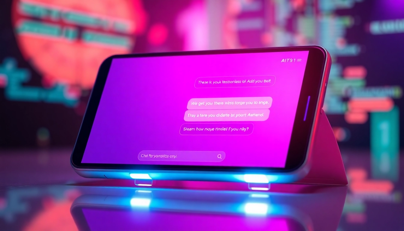 Futuristic digital interface with a conversation with a charismatic AI character on a neon-lit device.
