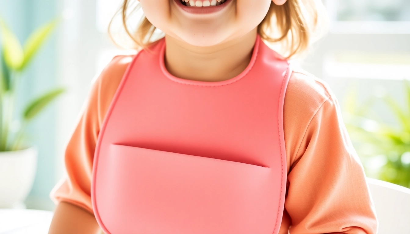 Bavaglini in silicone con tasca per bambini being worn by a toddler during mealtime,