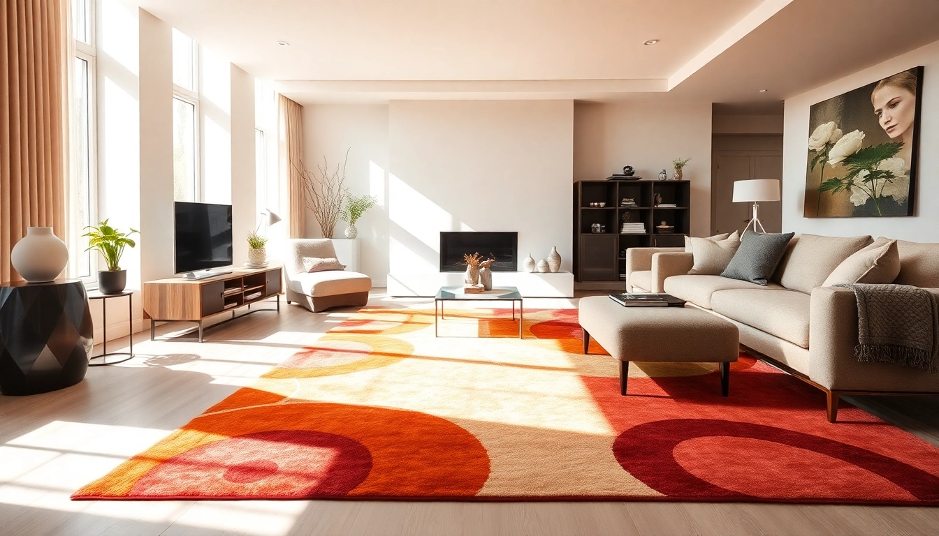 Showroom featuring vibrant Tappeti moderni Milano rugs displayed in a stylish, well-lit setting
