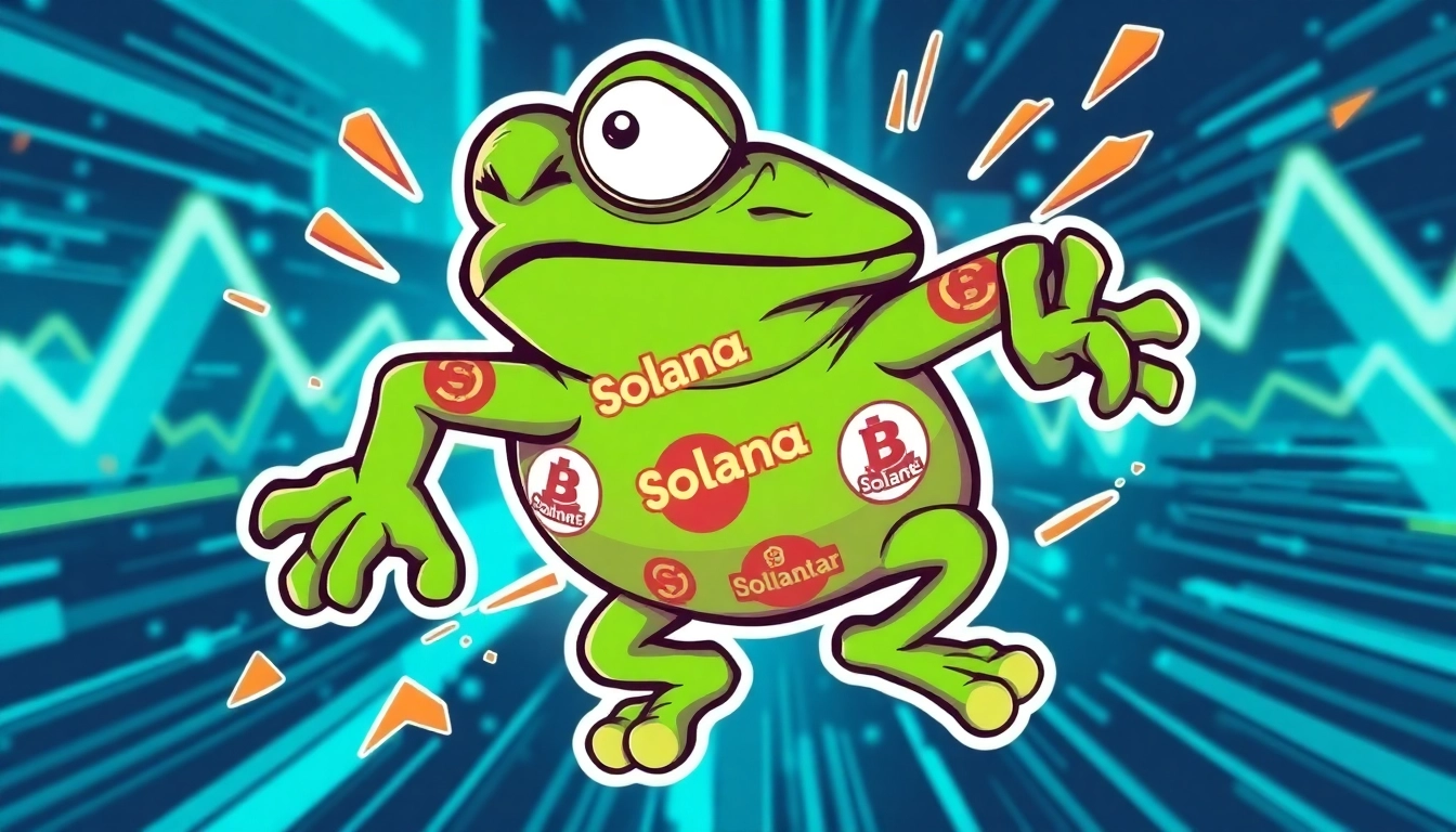 Angry Pepe Solana themed meme coin logo with vibrant colors and blockchain background showing