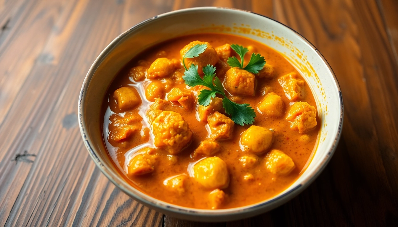 Delicious ready to eat Navratan Korma garnished with herbs, served in an elegant bowl on rustic