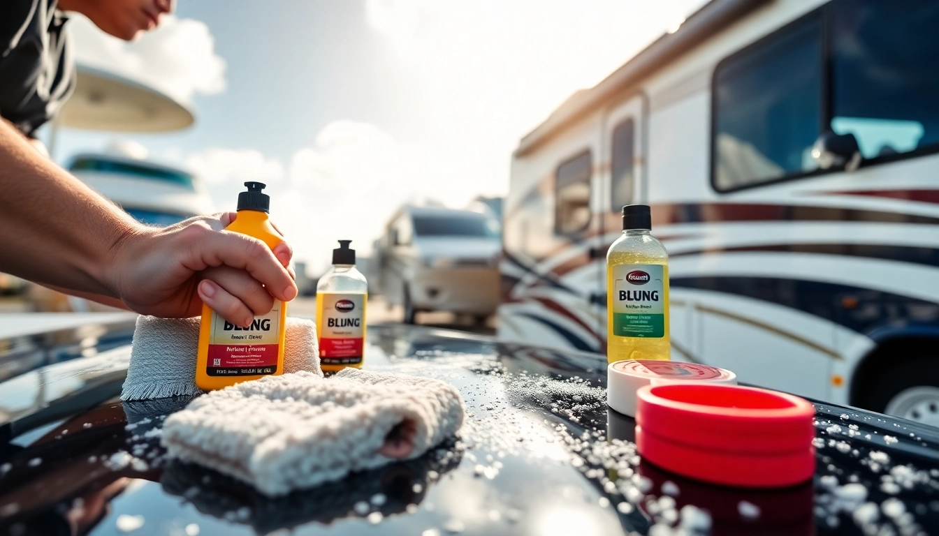 Blung cleaning tools and products being used to detail boats and RVs for professional vehicle