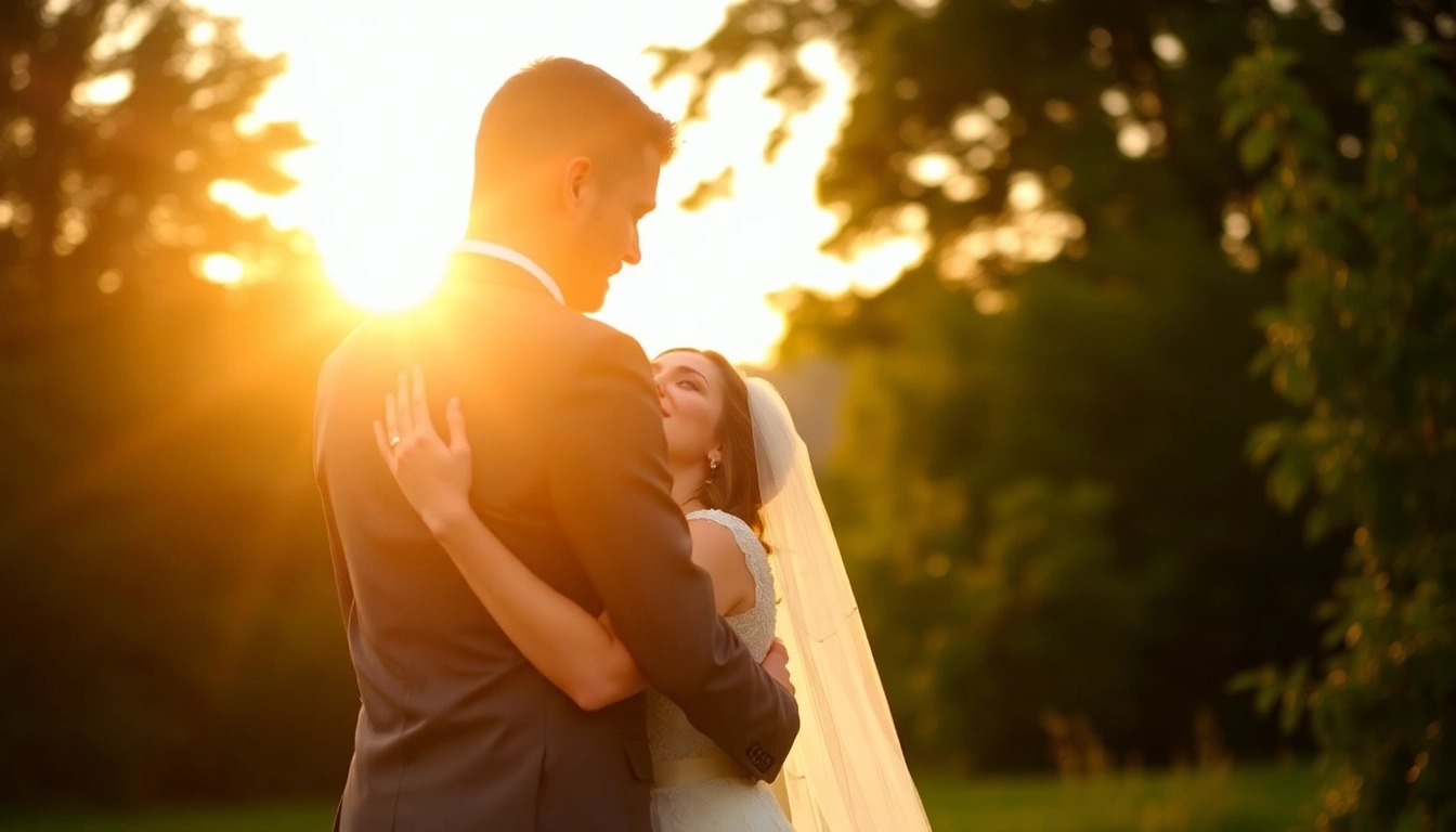 Professional eskuvoi fotos capturing a romantic couple during sunset outdoor shoot with natural
